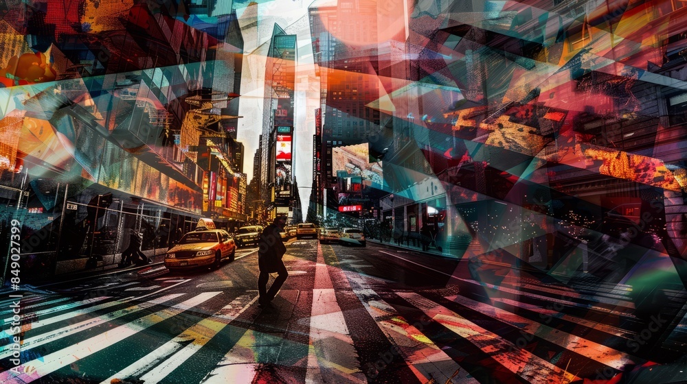 Obraz premium A digital collage with a spotlight shining down on a cityscape at night. The dynamic composition captures the energy and excitement of urban life