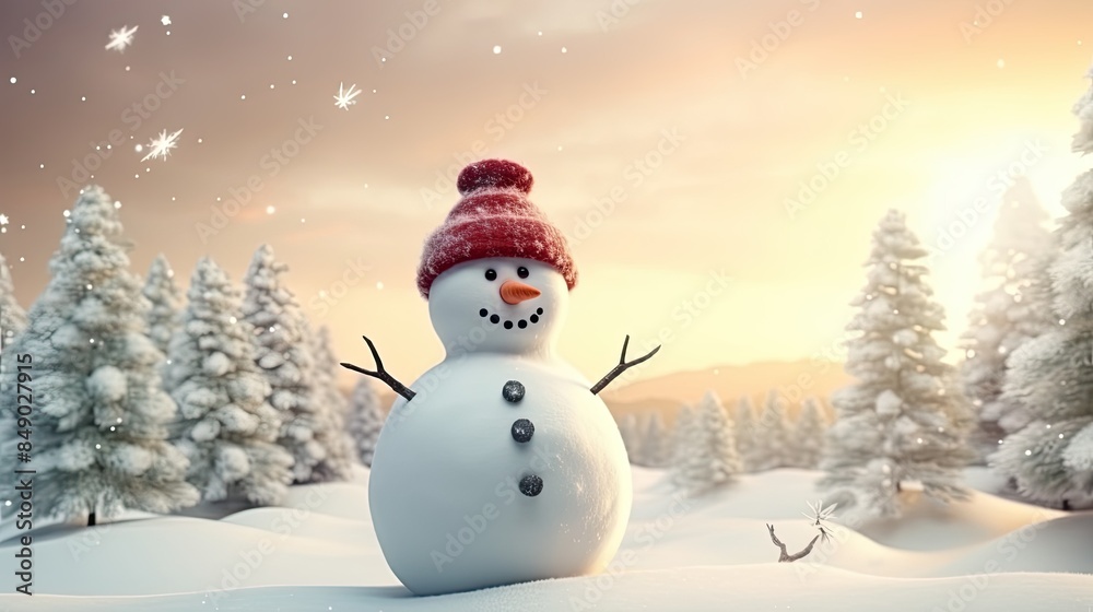 Fototapeta premium Happy snowman standing in christmas landscape. Snow background with copy space