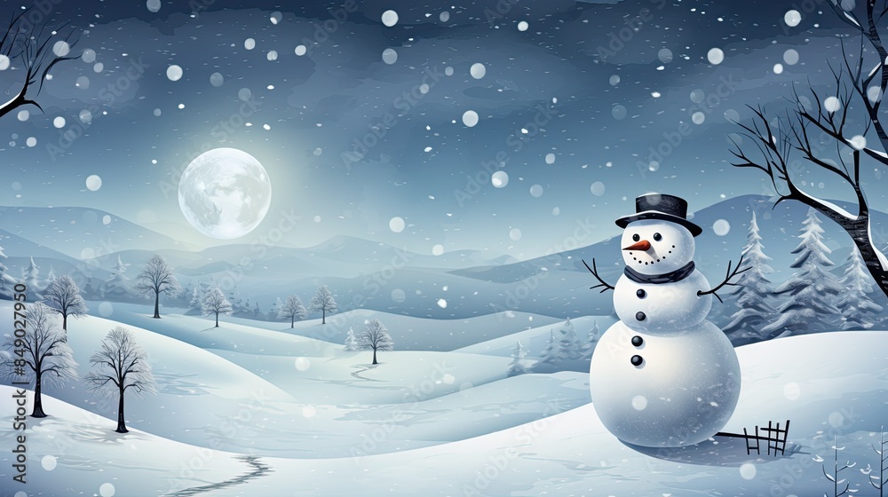 Obraz premium Happy snowman standing in christmas landscape. Snow background with copy space