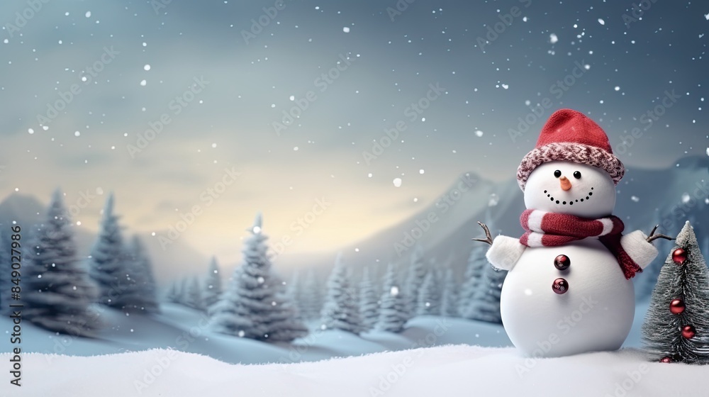 Obraz premium Happy snowman standing in christmas landscape. Snow background with copy space