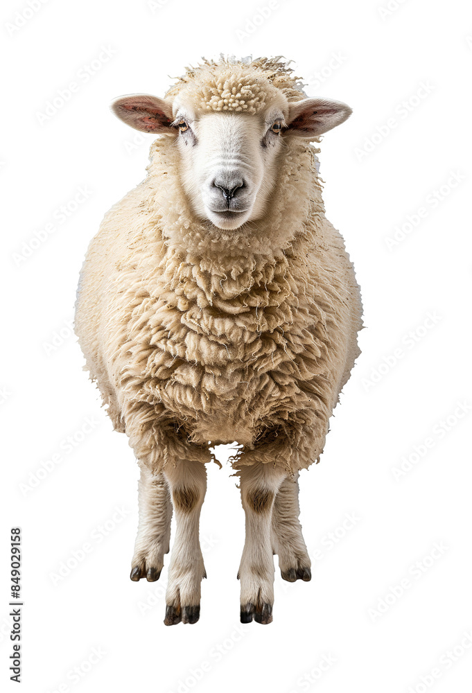 Front view of a fluffy sheep against a white background. Perfect for agricultural themes, farm promotions, and animal-related content. Front view of a fluffy sheep against a white background. Perfect for agricultural themes, farm promotions, and animal-related content.