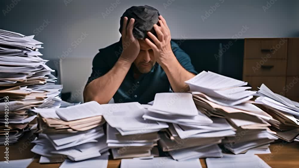 Overwhelmed Man Surrounded by Papers Generative AI