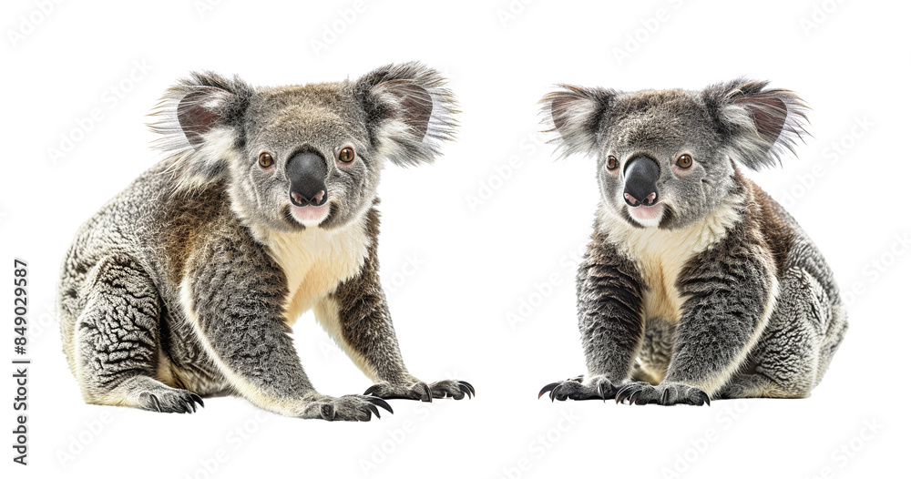 Two adorable koalas sitting side by side, isolated on white background. Perfect for wildlife and nature-related content.