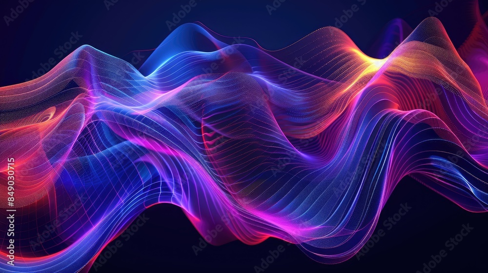 Obraz premium Futuristic holographic waves in vibrant neon colors pulsating against dark background