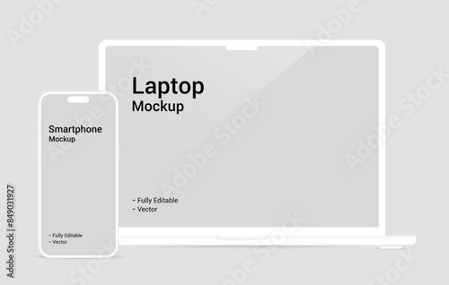 clay laptop and smartphone mockup with blank screen, mobile phone flat vector illustration