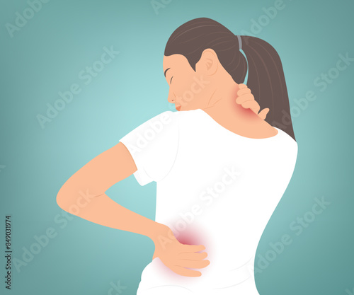 Young woman has back and neck pain, health problems, muscle inflammation or osteomyelitis. Vector illustration.