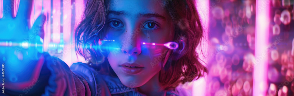 A young woman with short hair stands in front of a neon light display, her hand outstretched toward the viewer A young woman with short hair stands in front of a neon light display, her hand outstretched toward the viewer