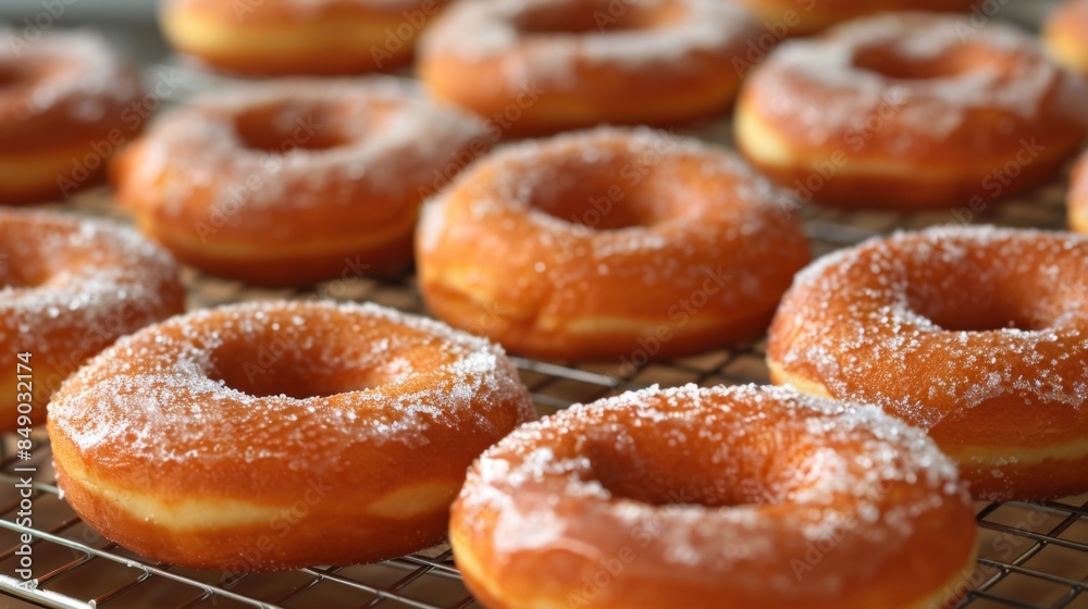 A tray of freshly baked donuts cooling on a wire rack, with a heavenly aroma wafting through the air. A tray of freshly baked donuts cooling on a wire rack, with a heavenly aroma wafting through the air.