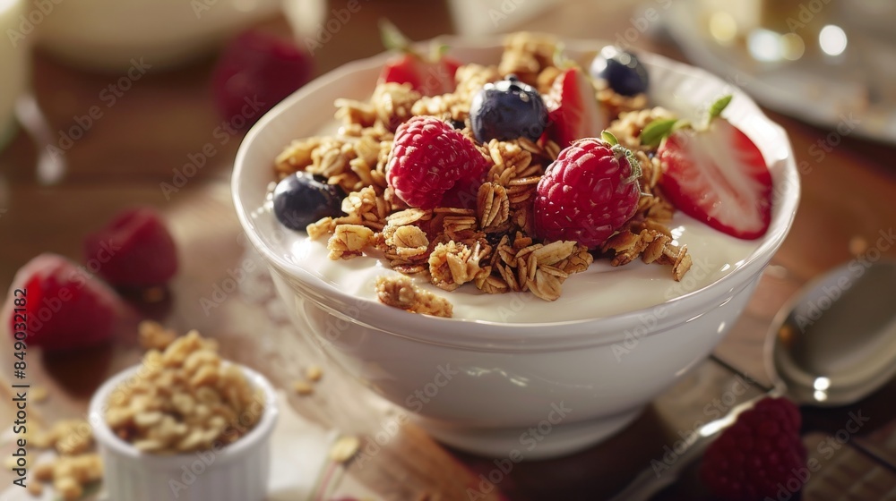 Honey almond granola with yogurt and fresh berries, food photograph, healthy meal, 16:9 Honey almond granola with yogurt and fresh berries, food photograph, healthy meal, 16:9