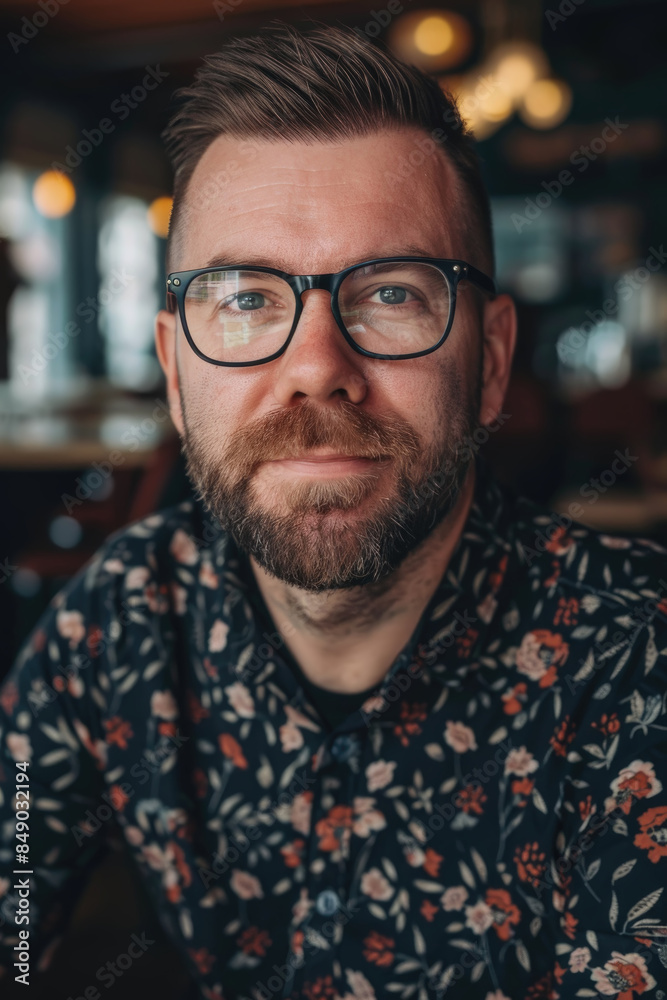 A close-up portrait of a man wearing glasses and a floral shirt, looking directly at the camera A close-up portrait of a man wearing glasses and a floral shirt, looking directly at the camera