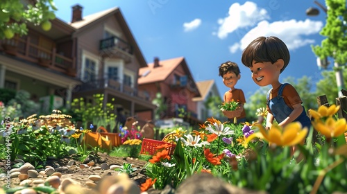 3D rendered scene of cartoon characters educating children about charity and kindness