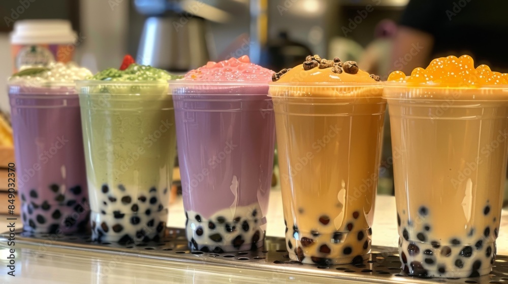 A variety of bubble milk tea flavors displayed on a cafe counter, including classic, taro, and matcha options. A variety of bubble milk tea flavors displayed on a cafe counter, including classic, taro, and matcha options.