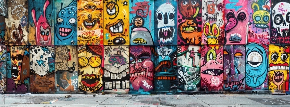 Fototapeta premium Street view with various graffiti artworks on the walls