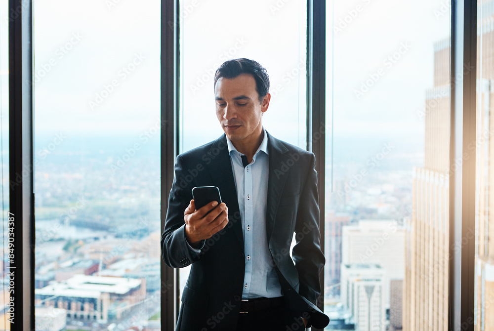 Reading, businessman and phone in office for typing, search or text message with contact. Professional career, male lawyer or smartphone for case notes, scroll and mockup by window in corporate firm Reading, businessman and phone in office for typing, search or text message with contact. Professional career, male lawyer or smartphone for case notes, scroll and mockup by window in corporate firm