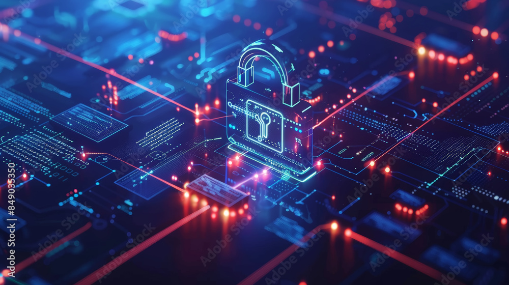 Digital access lock. Dark blue business and technology background, data protection and cyber security. Generative AI