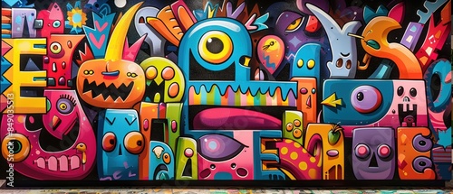 Vibrant graffiti letters and characters on a large wall, highresolution details and bold colors, perfect for modern designs