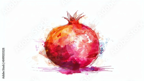 A beautiful watercolor painting of a pomegranate. The rich, vibrant colors make it look so real. photo