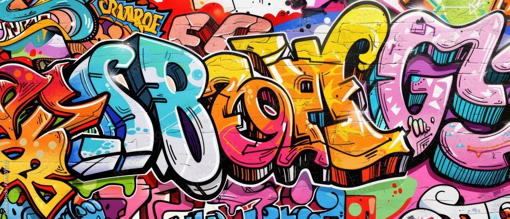 Vibrant graffiti letters and characters on a large wall, highresolution details and bold colors, perfect for modern designs Vibrant graffiti letters and characters on a large wall, highresolution details and bold colors, perfect for modern designs