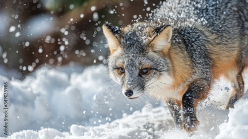 Close up Winter Image of Captive Grey Fox Playing in Snow photo