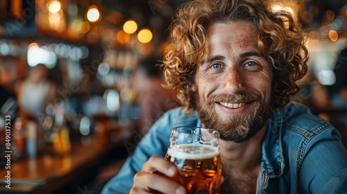Cheerful man with curly hair and a friendly smile holding a beer in a lively bar ambiance