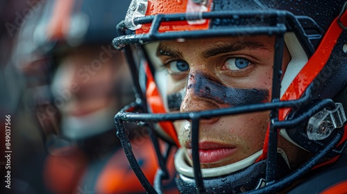 A detailed image showing part of a football helmet and protective wear, focus on detail and texture