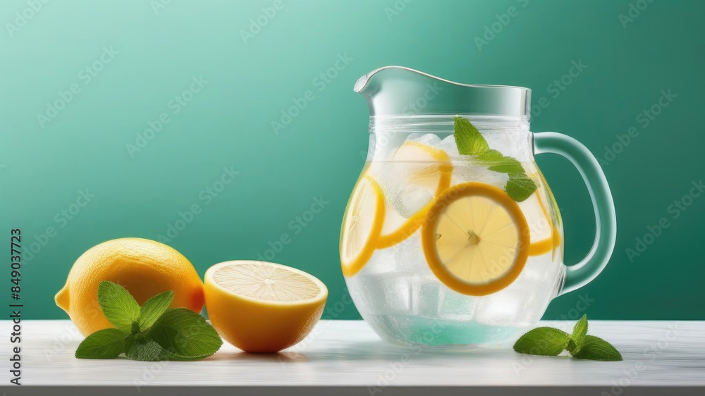 Homemade lemonade with lemon, mint and ice in a glass jug on a white table, blue background. Detox and refreshing concept. Copy space. Drinking regime for health