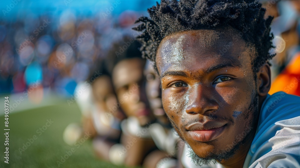 Close-up of an African soccer player's face with sharp focus on his eyes reflecting determination