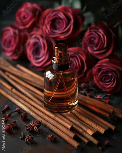 Sensual Fragrance: Perfume Bottle Surrounded by roses, santal wood sticks, in a Perfume Advertisement photo