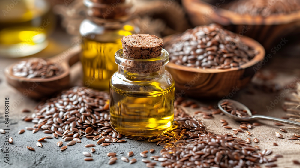 Nutrient-Rich Elixir: Flaxseed Oil in a Small Bottle Among Flaxseeds Nutrient-Rich Elixir: Flaxseed Oil in a Small Bottle Among Flaxseeds