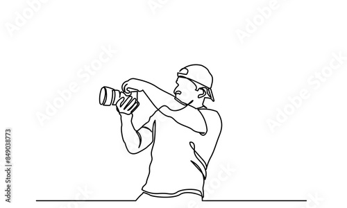 photographer, continuous line drawing professional young man photographer. Man-making photos with a camera. Single-line photographer takes pictures using camera isolated on a white background.