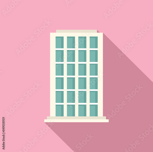 Modern building with glass windows stands tall on a pink background, casting a long shadow
