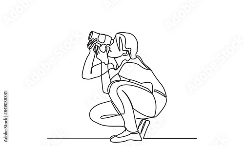 photographer, continuous line drawing professional young girl photographer. woMan-making photos with a camera. Single-line photographer takes pictures using camera isolated on a white background.