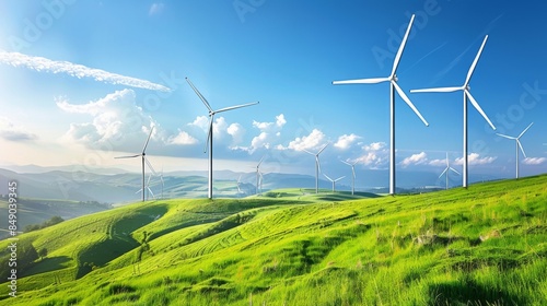 Wind turbines generating clean energy in a green meadow, contributing to the reduction of fossil fuel use.