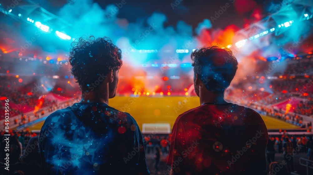 Two individuals with cosmic pattern outfits, attending a night sports event with vibrant lights