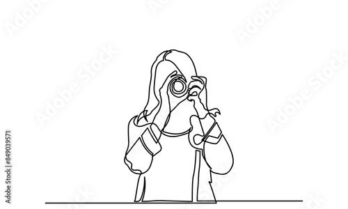 photographer, continuous line drawing professional young girl photographer. woMan-making photos with a camera. Single-line photographer takes pictures using camera isolated on a white background.