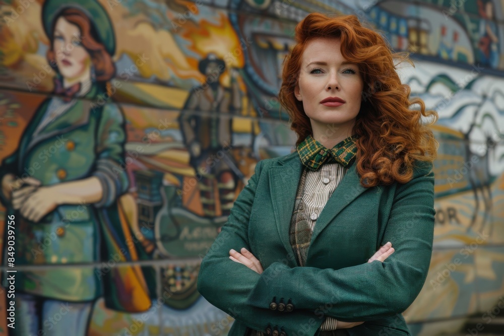 Obraz premium Charismatic Red-Haired Woman in Belfast Wearing Saint Patrick's Day Costume
