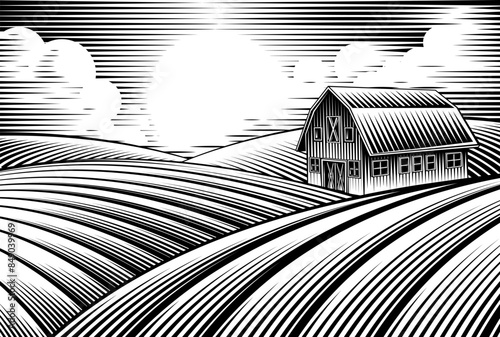 A farm barn building and rolling hills in a vintage woodcut style