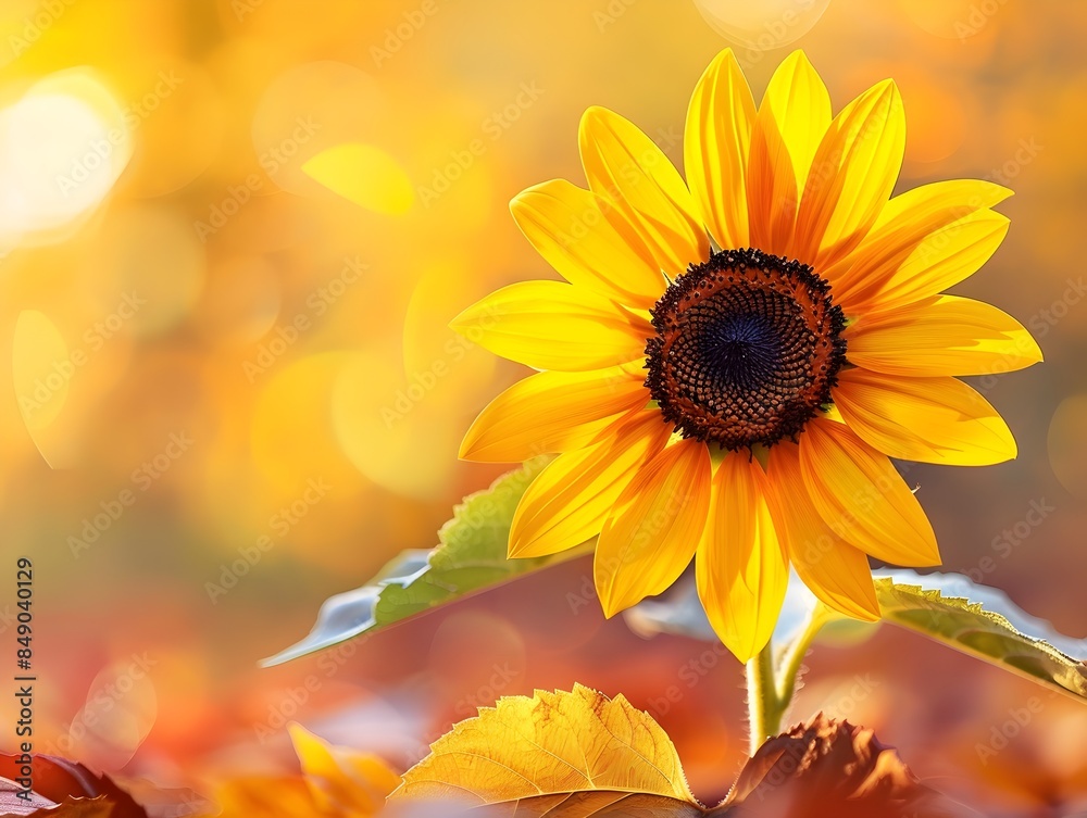 Fototapeta premium Vibrant Sunflower Blooming Amidst Autumn Foliage Symbol of Brightness and Joy