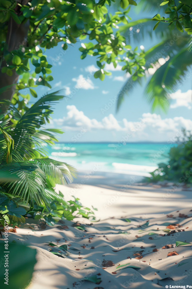 Fototapeta premium Serene Tropical Beach with Lush Green Foliage and Blue Ocean Under a Sunny Sky Perfect Escape for Relaxation and Adventure