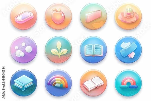 A set of softly colored app icon designs displays a playful and modern aesthetic