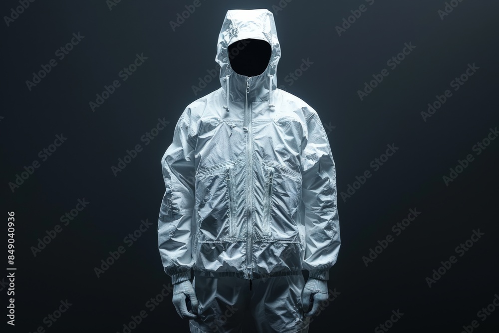 A striking image of a headless mannequin donned in a highly reflective silver jacket against a dark backdrop A striking image of a headless mannequin donned in a highly reflective silver jacket against a dark backdrop