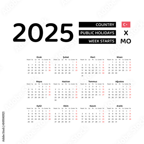 Turkey Calendar 2025. Week starts from Monday. Vector graphic design. Turkish language.