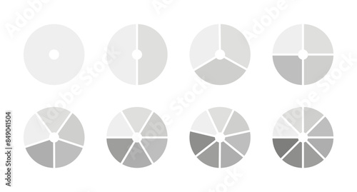 Pie chart set. Monochrome diagram with 1, 2, 3, 4, 5, 6, 7, 8 equal sections, steps. Circle icons for UI, web design, business presentation, infographic, statistic, analytics. Graphic illustration.