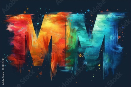 Vibrant hues and dynamic splatters create an energetic rendition of the letter M in an abstract painting style