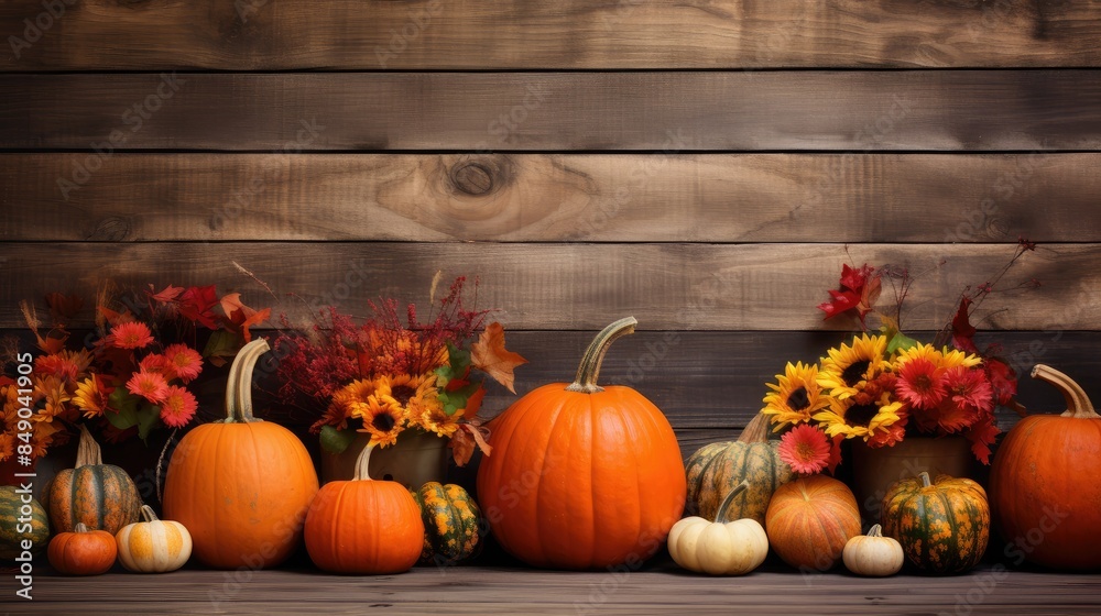 autumn pumpkins and fall decor on a rustic wood background with copy space autumn pumpkins and fall decor on a rustic wood background with copy space