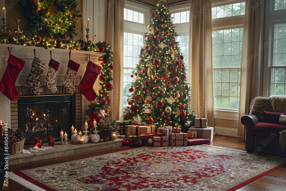 Fototapeta premium Family Gathered Around Christmas Tree on Christmas Morning