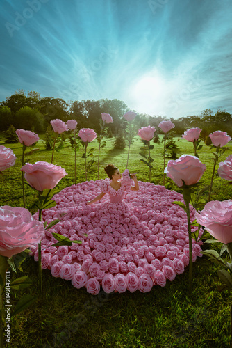 Beautiful woman in the dress of roses  in the garden with giant roses