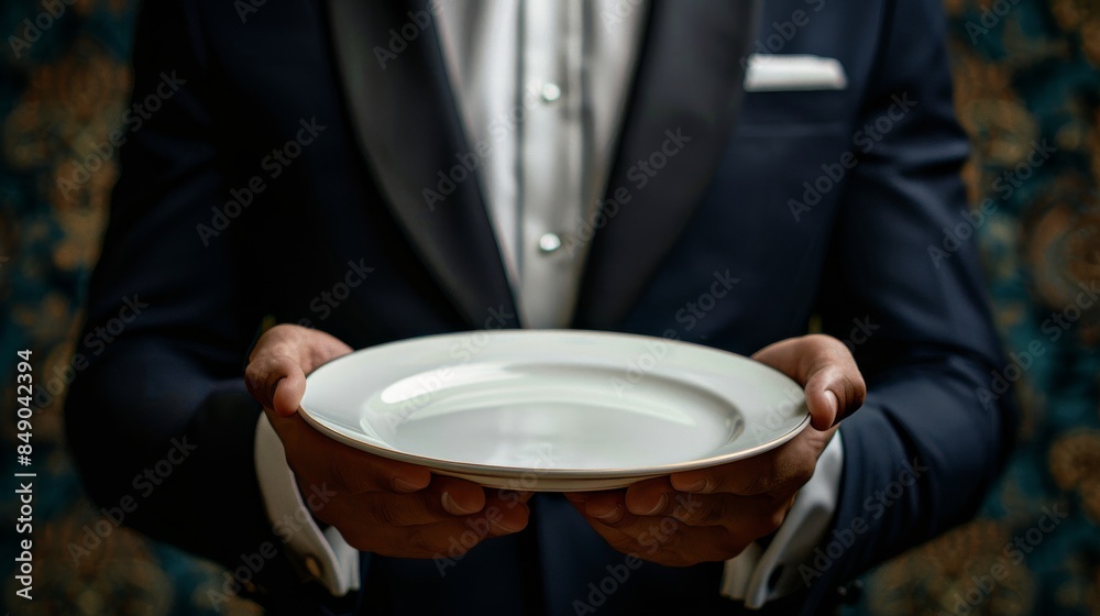 Image captures a close-up of a butler's hands holding a shiny white plate, set against a rich, patterned backdrop, suggesting luxury and service Image captures a close-up of a butler's hands holding a shiny white plate, set against a rich, patterned backdrop, suggesting luxury and service