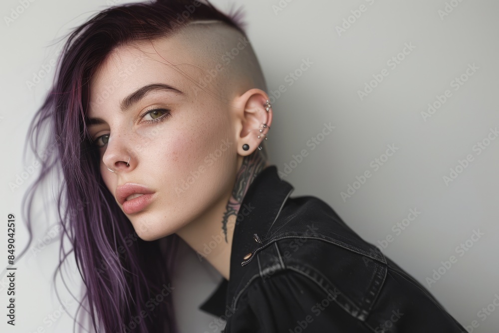 Woman with purple hair and shaved head posing in a black leather jacket Woman with purple hair and shaved head posing in a black leather jacket