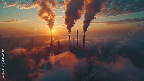 Golden sunrise illuminating the smoke and steam rising from an industrial complex with clouds #849042713